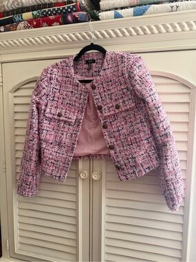 Aqua Pink Tweed Cropped Blazer with Gold Buttons